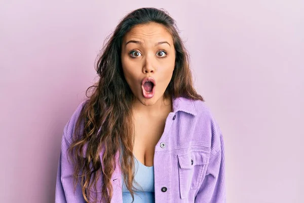 Young Hispanic Girl Wearing Casual Clothes Afraid Shocked Surprise Expression — Stock Photo, Image