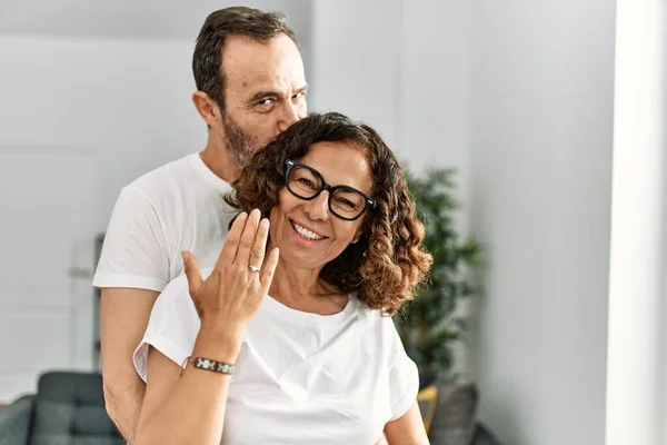 Middle Age Hispanic Couple Hugging Smiling Happy Marriage Proposal Woman — Stock Photo, Image