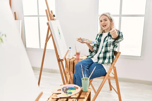 Young Artist Woman Painting Canvas Art Studio Approving Doing Positive — Stock Photo, Image