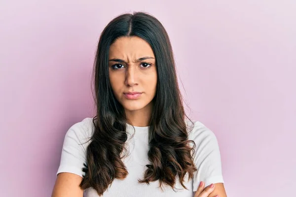 Young Hispanic Woman Wearing Casual White Shirt Skeptic Nervous Disapproving — Stock Photo, Image