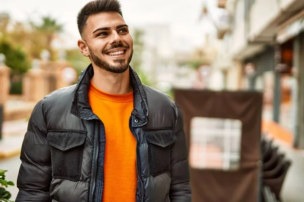 Handsome Hispanic Man Beard Smiling Happy Confident City Wearing Winter — Stock Photo, Image