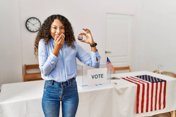 Beautiful Hispanic Woman Standing Political Campaign Voting Ballot Laughing Embarrassed — Stock Photo, Image