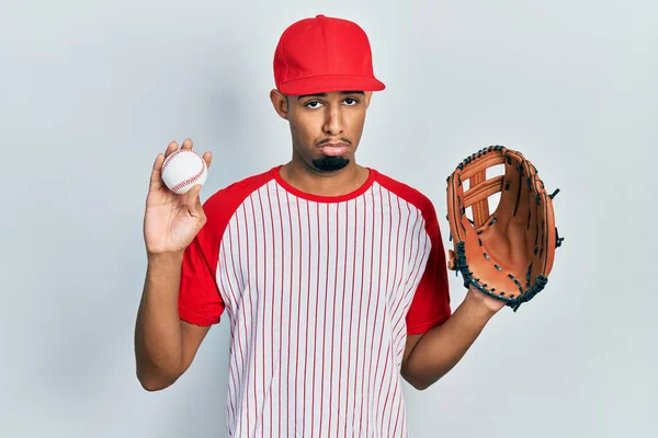 Young African American Man Wearing Baseball Uniform Holding Glove Ball — Stock Photo, Image