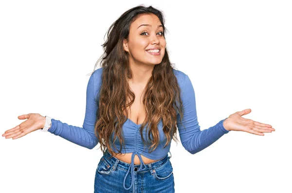 Young Hispanic Girl Wearing Casual Clothes Smiling Showing Both Hands — Stock Photo, Image