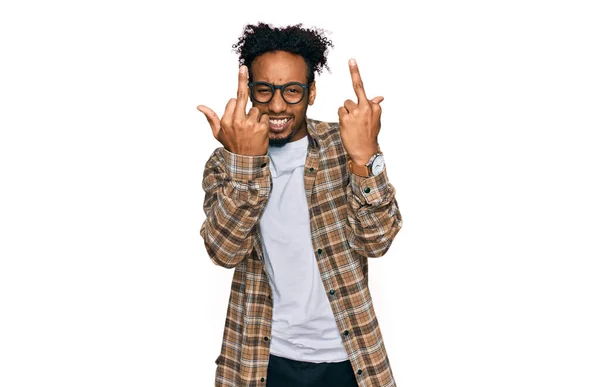 Young African American Man Beard Wearing Casual Clothes Glasses Showing — Stockfoto