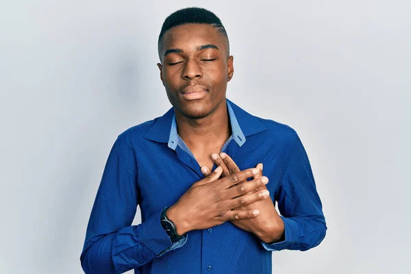 Young African American Man Wearing Casual Clothes Smiling Hands Chest — Stock Photo, Image