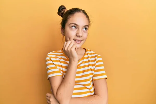 Beautiful Brunette Little Girl Wearing Casual Striped Shirt Hand Chin — Stock Photo, Image