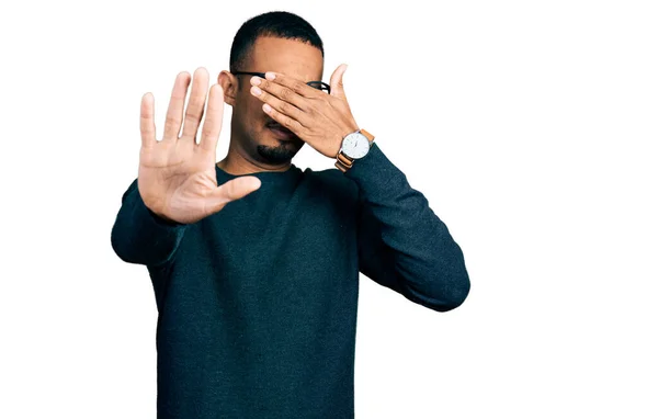 Young African American Man Wearing Casual Clothes Glasses Covering Eyes — Stock Photo, Image