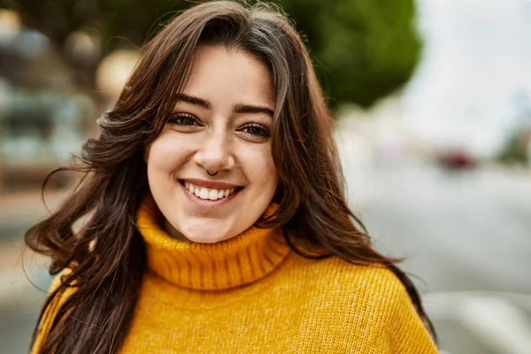 Young Beautiful Brunette Woman Wearing Turtleneck Sweater Smiling Happy Outdoors — Stock Photo, Image