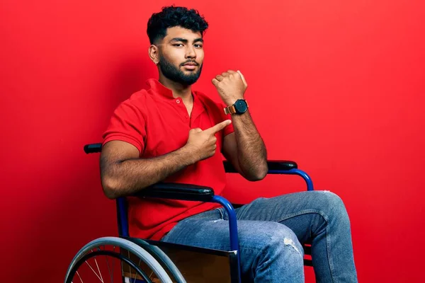 Arab Man Beard Sitting Wheelchair Hurry Pointing Watch Time Impatience — Stock Photo, Image