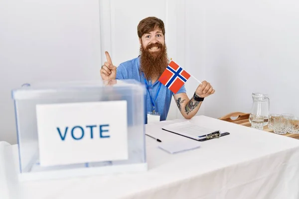 Caucasian Man Long Beard Political Campaign Election Holding Norwegian Flag — Stock Photo, Image