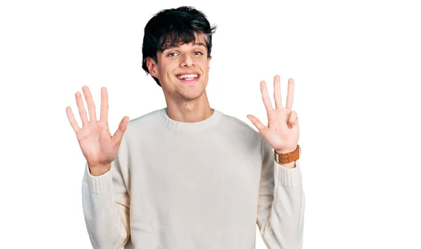 Schöner Junger Hipster Lässigem Winterpullover Der Mit Finger Nummer Neun — Stockfoto