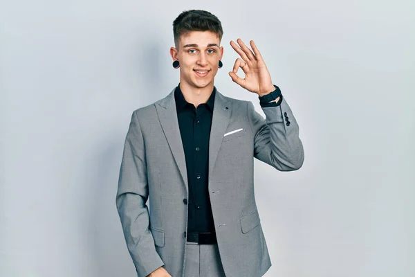 Young Caucasian Boy Ears Dilation Wearing Business Jacket Smiling Positive — Stock Photo, Image