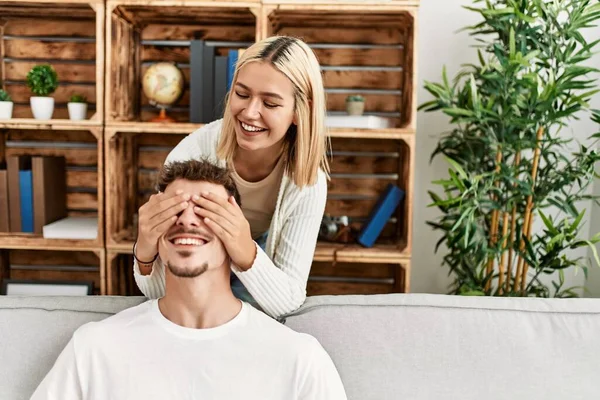 Woman Surprising Her Boyfriend Hands Eyes Home — Stock Photo, Image