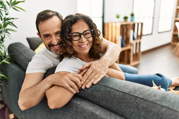 Middle Age Hispanic Couple Smiling Happy Sitting Sofa Dogs Home — Stock Photo, Image