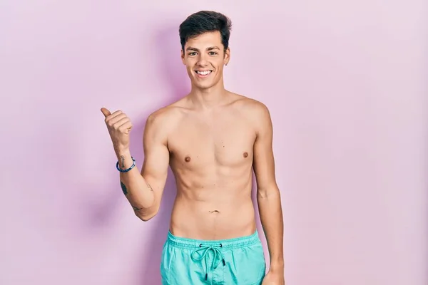 Young Hispanic Man Wearing Swimwear Shirtless Smiling Happy Face Looking — Stock Photo, Image