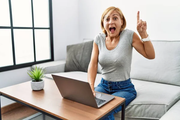 Mulher Loira Meia Idade Usando Laptop Casa Apontando Dedo Para — Fotografia de Stock