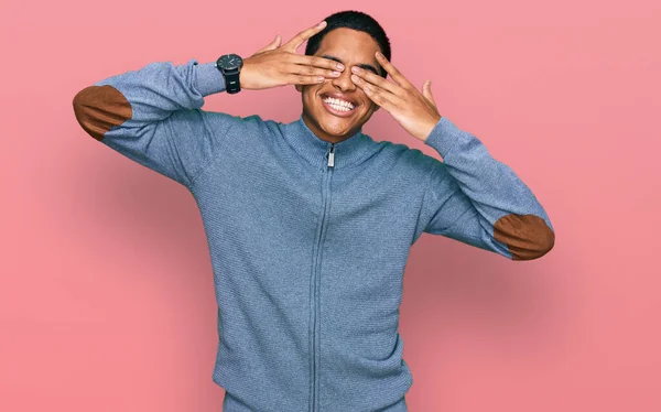 Young Handsome Hispanic Man Wearing Casual Sweatshirt Covering Eyes Hands — Stock Photo, Image
