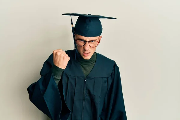 Young Caucasian Man Wearing Graduation Cap Ceremony Robe Angry Mad — Stock Photo, Image