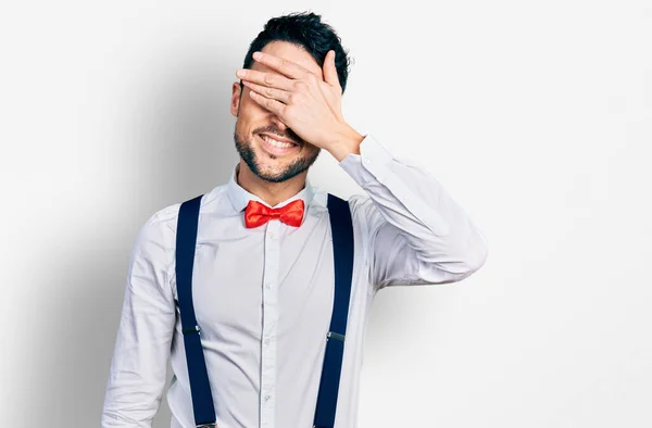 Hispanic Man Beard Wearing Hipster Look Bow Tie Suspenders Smiling — Stock Photo, Image