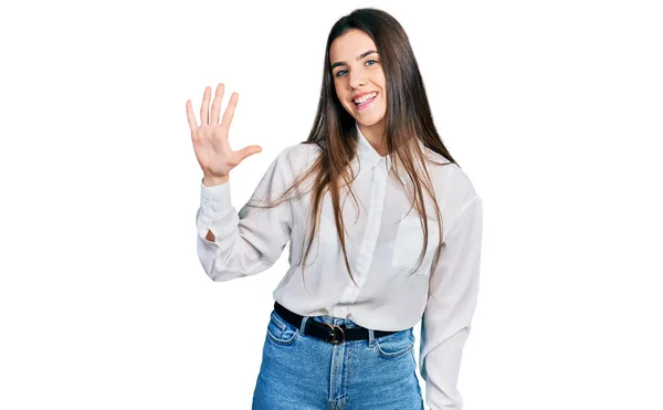 Joven Adolescente Morena Con Camisa Blanca Negocios Mostrando Apuntando Hacia —  Fotos de Stock
