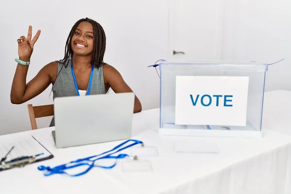 Young African American Woman Working Political Election Sitting Ballot Smiling — Stock Photo, Image