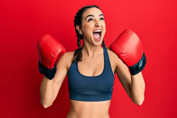 Young Brunette Girl Using Boxing Gloves Wearing Braids Angry Mad — Stock Photo, Image