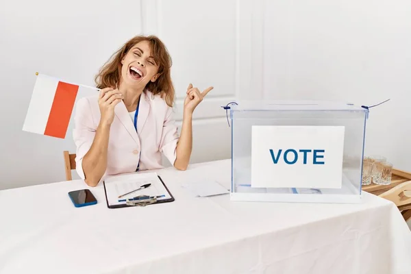 Beautiful Caucasian Woman Political Campaign Election Holding Poland Flag Smiling — Stock Photo, Image