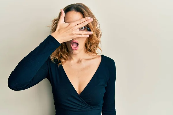 Young Caucasian Woman Wearing Business Shirt Glasses Peeking Shock Covering — Stock Photo, Image