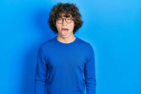 Handsome Young Man Wearing Casual Clothes Glasses Sticking Tongue Out — Stock Photo, Image