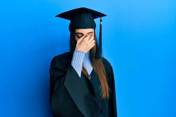 Beautiful Brunette Young Woman Wearing Graduation Cap Ceremony Robe Tired — Stock Photo, Image