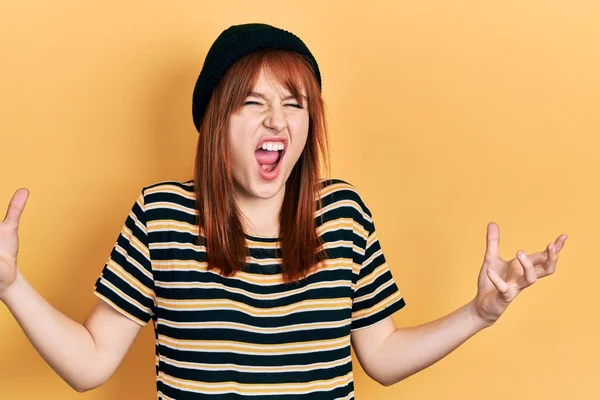 Redhead Young Woman Wearing Wool Cap Crazy Mad Shouting Yelling — Stock Photo, Image