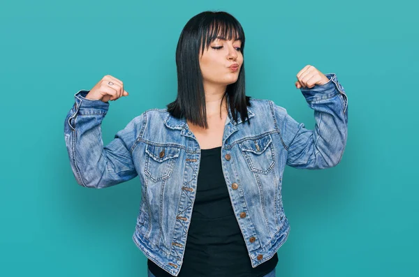 Young Hispanic Woman Wearing Casual Clothes Showing Arms Muscles Smiling — Stock Photo, Image