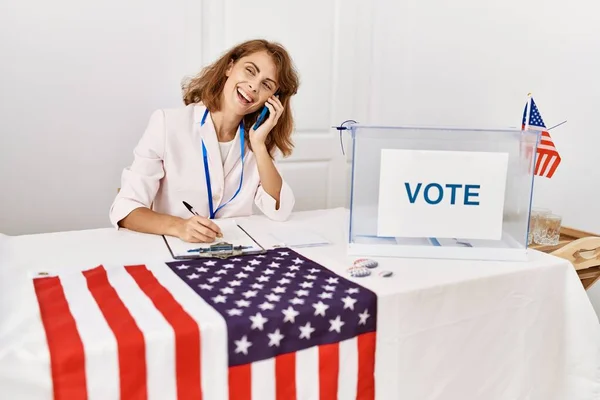 Young American Politic Party Worker Smiling Happy Talking Smartphone Electoral — Stock Photo, Image