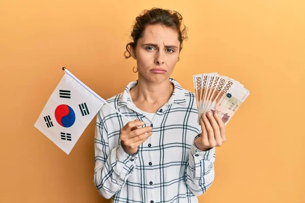 Güney Kore Elinde Tutan Genç Esmer Kadın Para Kazandı Depresyonda — Stok fotoğraf