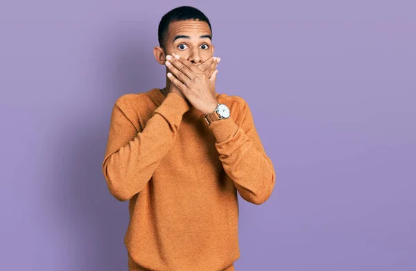 Young African American Man Wearing Casual Clothes Shocked Covering Mouth — Stock Photo, Image