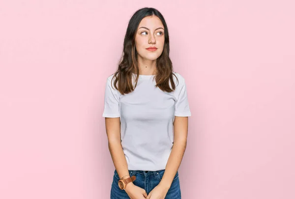 Young Beautiful Woman Wearing Casual White Shirt Smiling Looking Side — Stock Photo, Image