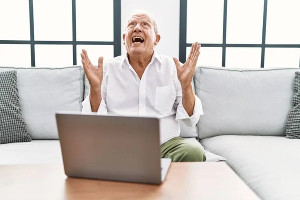 Homem Sênior Usando Laptop Casa Sentado Sofá Louco Louco Gritando — Fotografia de Stock