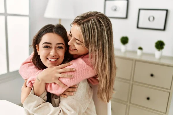 Young Beautiful Couple Sitting Chair Hugging Home — Stock Photo, Image