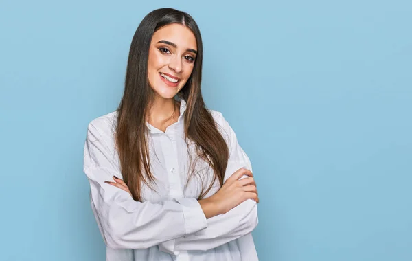 Jeune Belle Femme Portant Une Chemise Blanche Décontractée Heureux Visage — Photo