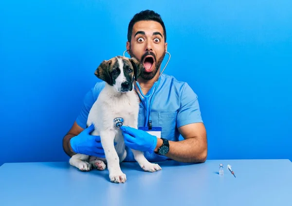 Красивый Латиноамериканец Ветеринар Бородой Проверяющий Здоровье Собаки Используя Стетоскоп Напуганный — стоковое фото