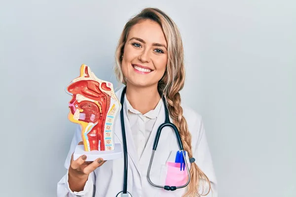 Krásná Mladá Blondýnka Drží Anatomický Model Respiračního Systému Vypadá Pozitivně — Stock fotografie