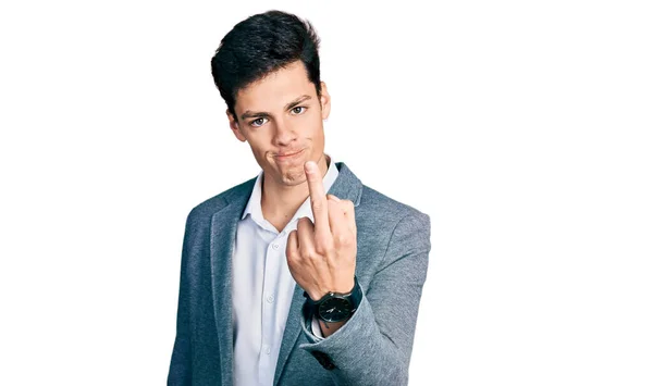 Young Hispanic Man Wearing Business Clothes Showing Middle Finger Impolite — Stok fotoğraf