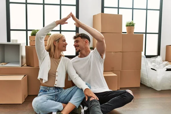 Young Caucasian Couple Smiling Happy Doing House Symbol Hands New — Stock Photo, Image