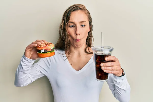 Young Blonde Woman Eating Tasty Classic Burger Fries Soda Making — Stock Photo, Image