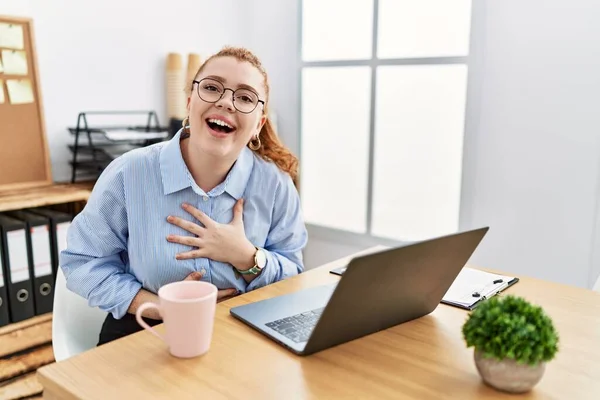 Young Redhead Woman Working Office Using Computer Laptop Smiling Laughing — Stock Photo, Image