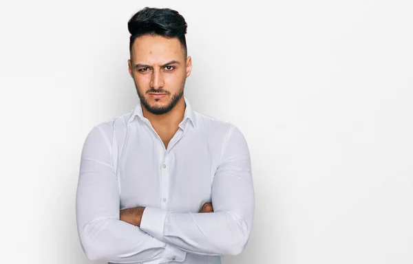 Junger Arabischer Mann Lässiger Kleidung Skeptisch Und Nervös Ablehnender Gesichtsausdruck — Stockfoto