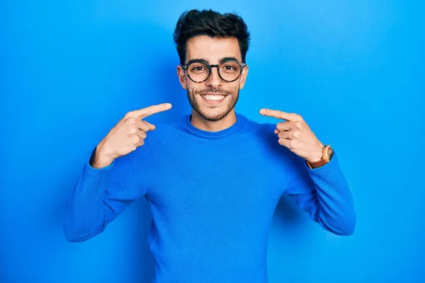 Young Hispanic Man Wearing Casual Clothes Glasses Smiling Cheerful Showing — Stock Photo, Image