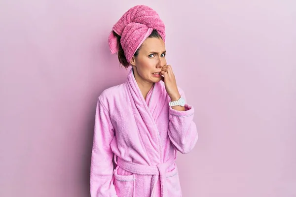 Young Blonde Woman Wearing Shower Towel Cap Bathrobe Looking Stressed — Stock Photo, Image