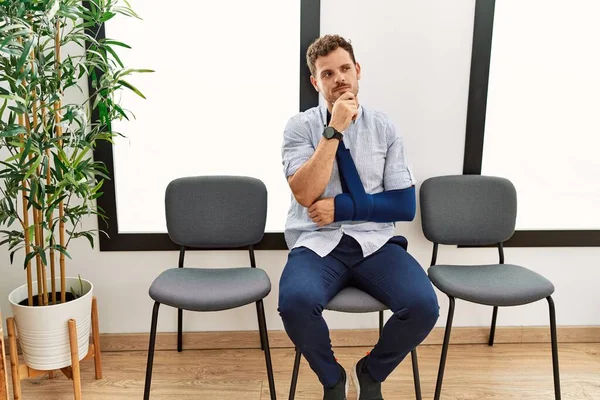 Handsome Young Man Sitting Doctor Waiting Room Arm Injury Hand — Stock Photo, Image